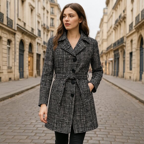 Denver Hayes Black and White Belted Pattern Coat – Size Medium - Picture 1 of 7